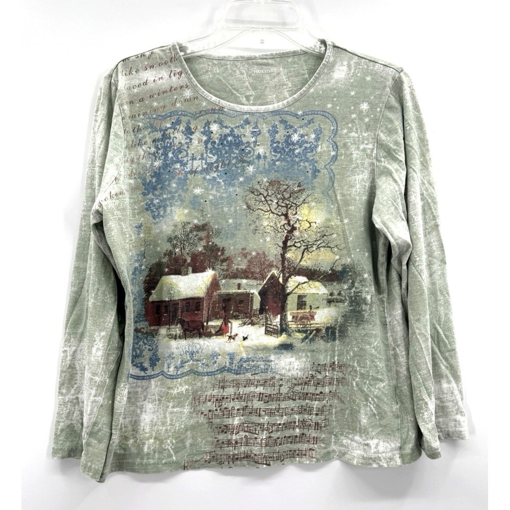Holiday Editions Womens Tee Top Large Winter Barn Music Snow Motif 3/4 Sleeve